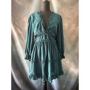 Ruffle Trim Mini Dress Cutout Back Long Sleeve V Neck Party‎ Green Medium